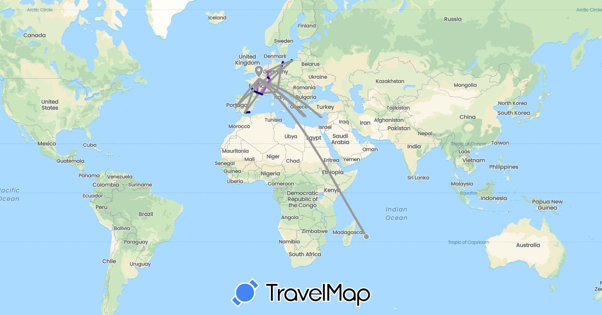TravelMap itinerary: driving, plane, train in Cyprus, Germany, Spain, France, Greece, Italy, Poland, Portugal (Asia, Europe)